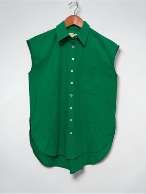 Maeve Anthropologie 100% Cotton Oversized Button-Down Blouse Emerald Green XXS